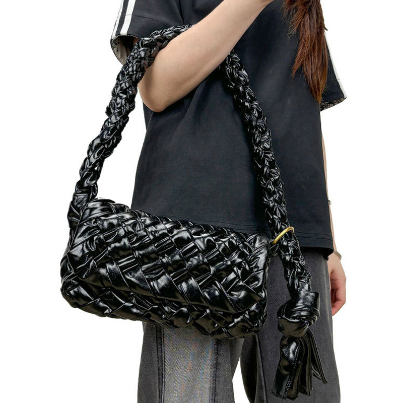 Women's Woven Waxed Genuine Leather Pleated Shoulder Bag
