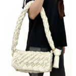 Women's Woven Waxed Genuine Leather Pleated Shoulder Bag