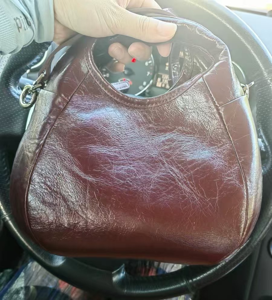 Sac Bucket Vintage en cuir véritable plissé pour femmes photo review