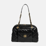 Schwarze minimalistische Damen Tasche aus gestepptem Leder Kette Boston Baguette