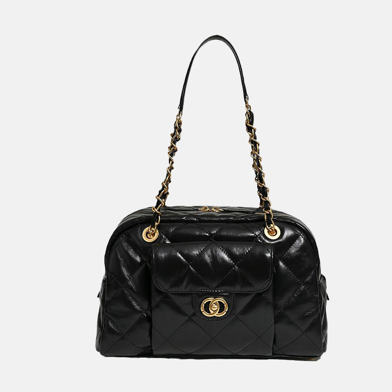 Schwarze minimalistische Damen Tasche aus gestepptem Leder Kette Boston Baguette