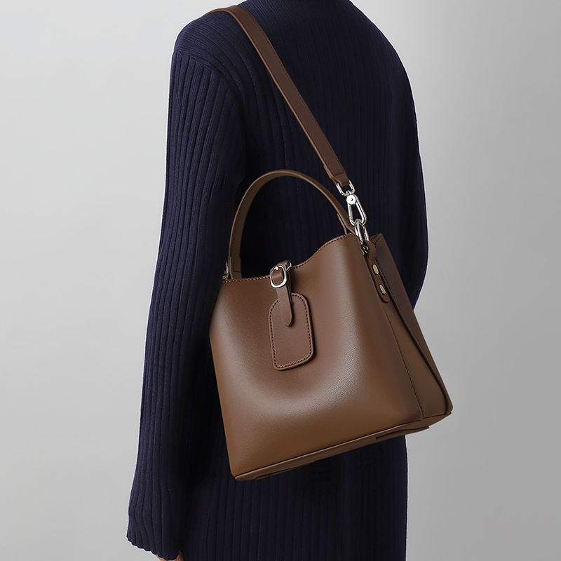 Damen Echtes Leder Schnallenverschluss Schulter Bucket Bag