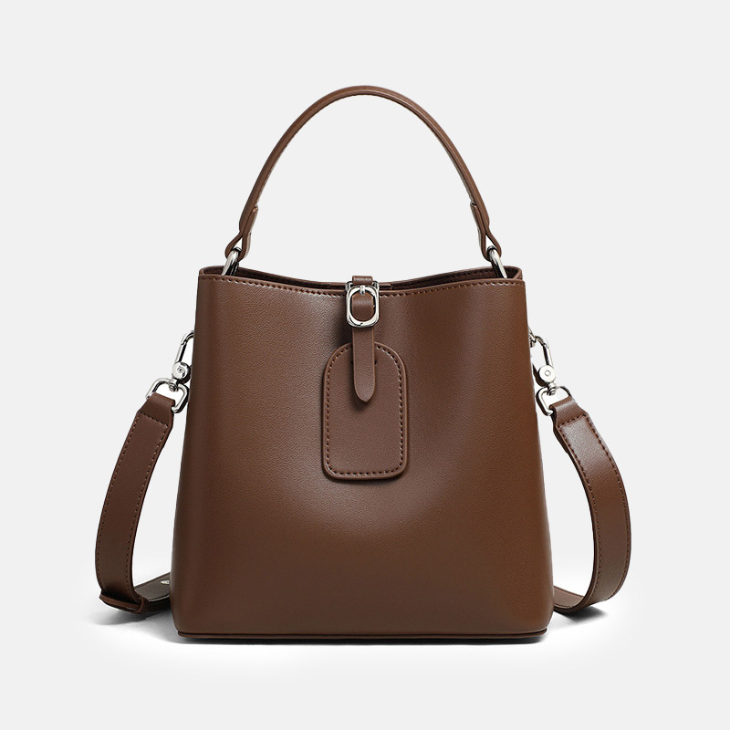 Women's Genuine Leather Buckle Closure Shoulder Bucket Bag