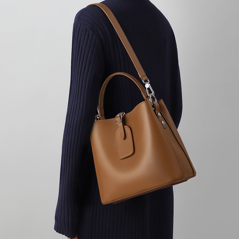 Damen Echtes Leder Schnallenverschluss Schulter Bucket Bag