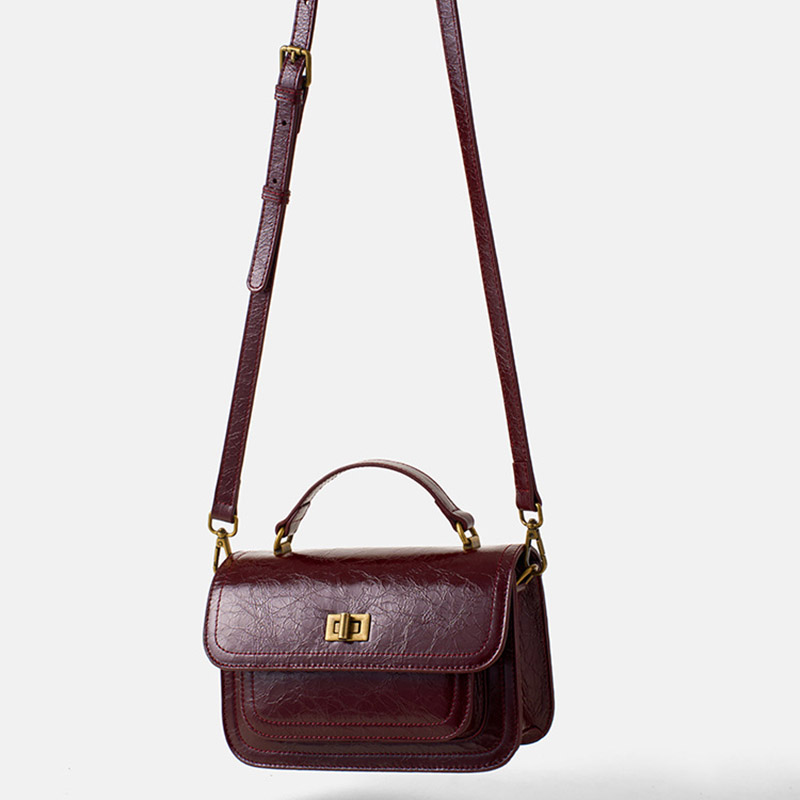 Women's Vintage Genuine Leather Embossed Lock-Clasp Crossbody Top Handle Bag