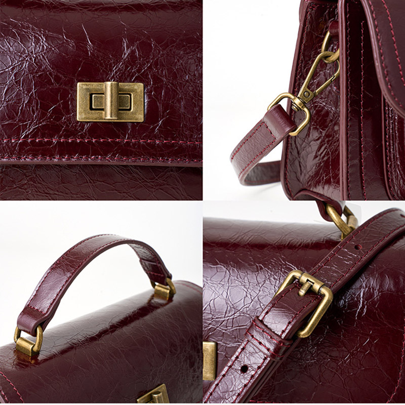 Women's Vintage Genuine Leather Embossed Lock-Clasp Crossbody Top Handle Bag