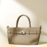 Women's Minimalist Genuine Leather Lychee Pattern Lock Crossbody Shoulder Tote Bag