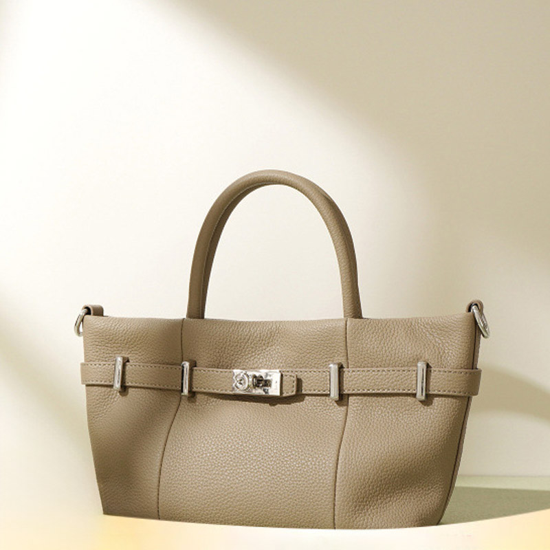 Women's Minimalist Genuine Leather Lychee Pattern Lock Crossbody Shoulder Tote Bag