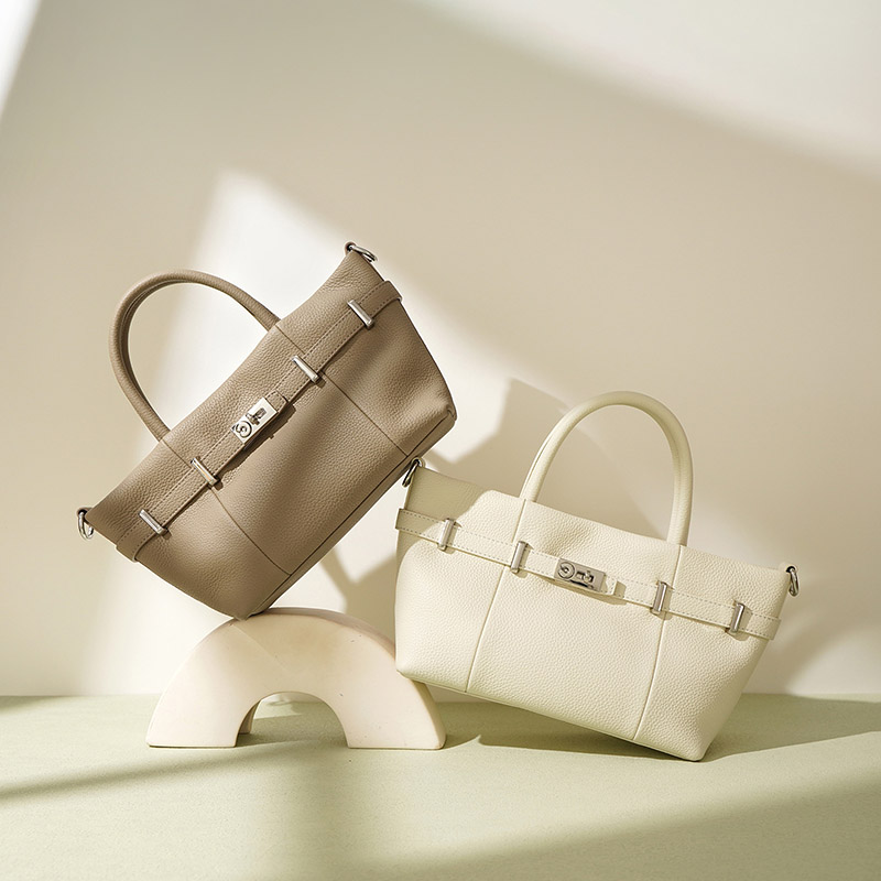 Women's Minimalist Genuine Leather Lychee Pattern Lock Crossbody Shoulder Tote Bag