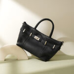 Women's Minimalist Genuine Leather Lychee Pattern Lock Crossbody Shoulder Tote Bag