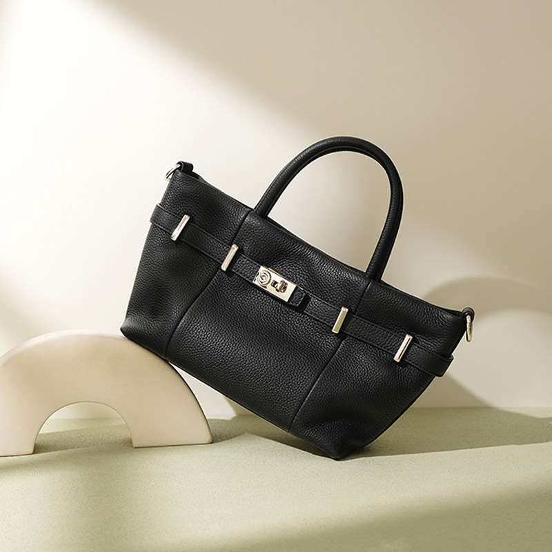 Women's Minimalist Genuine Leather Lychee Pattern Lock Crossbody Shoulder Tote Bag