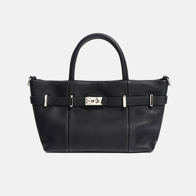 Women's Minimalist Genuine Leather Lychee Pattern Lock Crossbody Shoulder Tote Bag