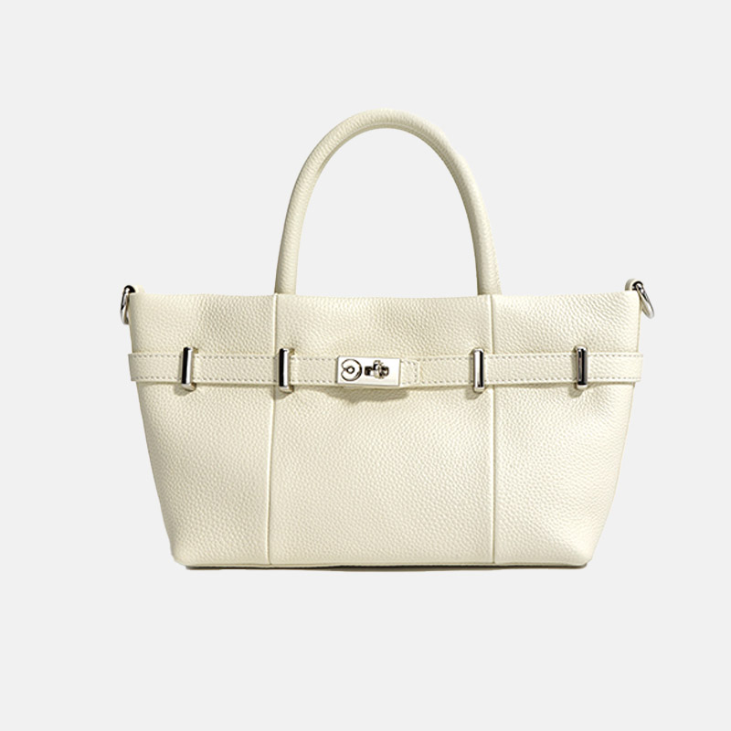 Women's Minimalist Genuine Leather Lychee Pattern Lock Crossbody Shoulder Tote Bag