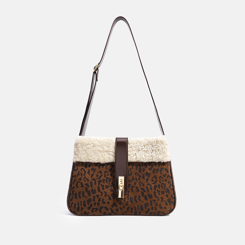 Sac à bandoulière minimaliste en peluche en cuir véritable avec fermoir à verrou pour femmes