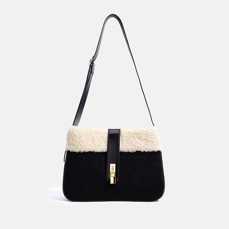 Women's Minimalist Plush Genuine Leather Lock-Clasp Crossbody Shoulder Bag