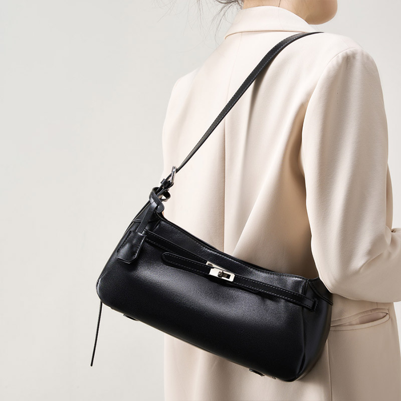 Sac à bandoulière en cuir véritable ciré noir pour femmes