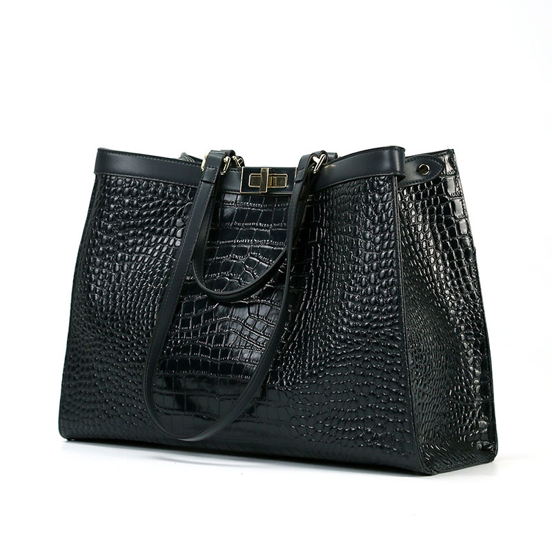Grands sacs fourre-tout à fermeture en cuir véritable imprimé croco pour femmes