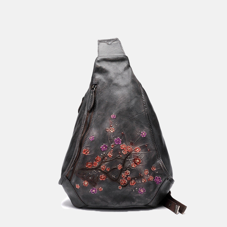 Women's Flower Embossed Vintage Genuine Leather Sling Bags