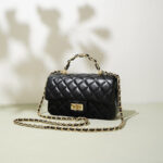 Women's Genuine Leather Lock Closure Quilted Chain Handle Shoulder Bag