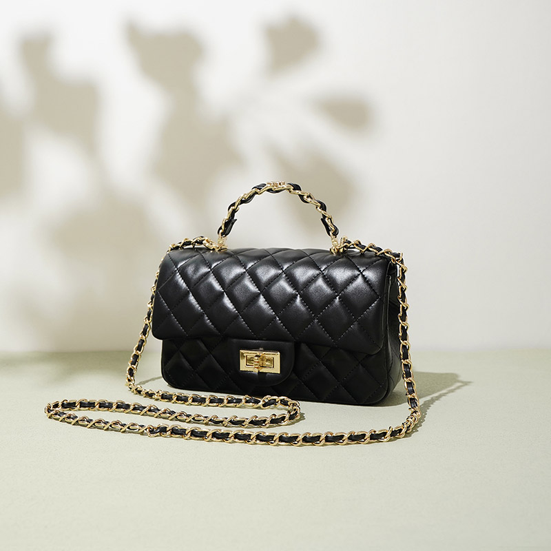Women's Genuine Leather Lock Closure Quilted Chain Handle Shoulder Bag