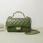 Women's Genuine Leather Lock Closure Quilted Chain Handle Shoulder Bag