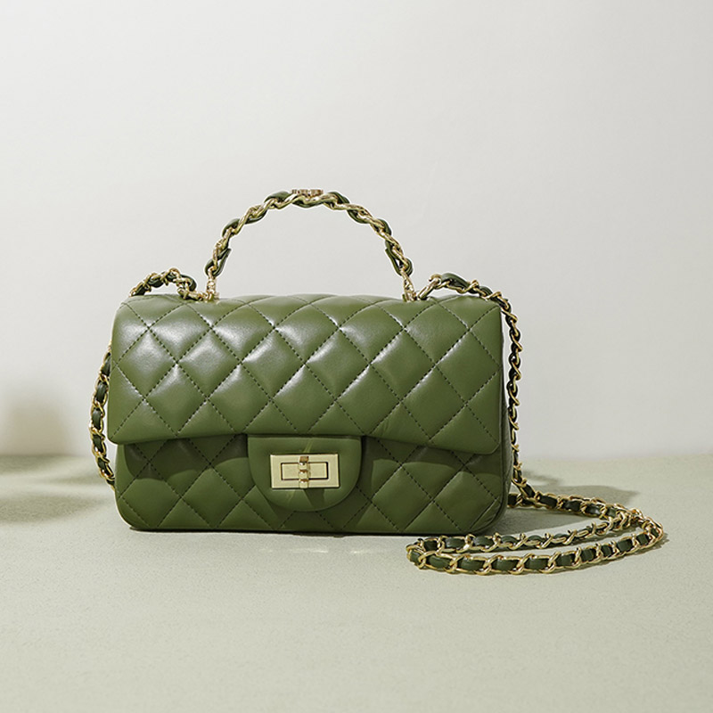 Women's Genuine Leather Lock Closure Quilted Chain Handle Shoulder Bag