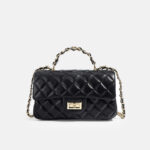 Women's Genuine Leather Lock Closure Quilted Chain Handle Shoulder Bag