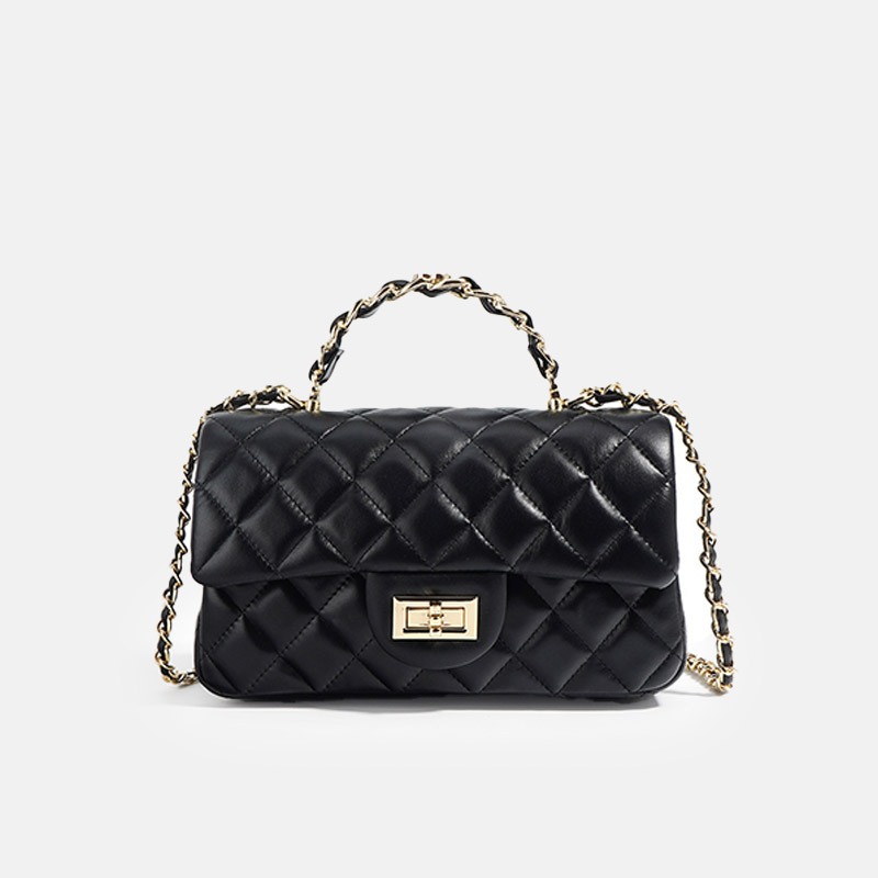 Sac à bandoulière en cuir véritable à fermeture verrouillée et à poignée en chaîne matelassée pour femmes