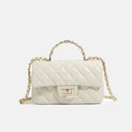 Women's Genuine Leather Lock Closure Quilted Chain Handle Shoulder Bag