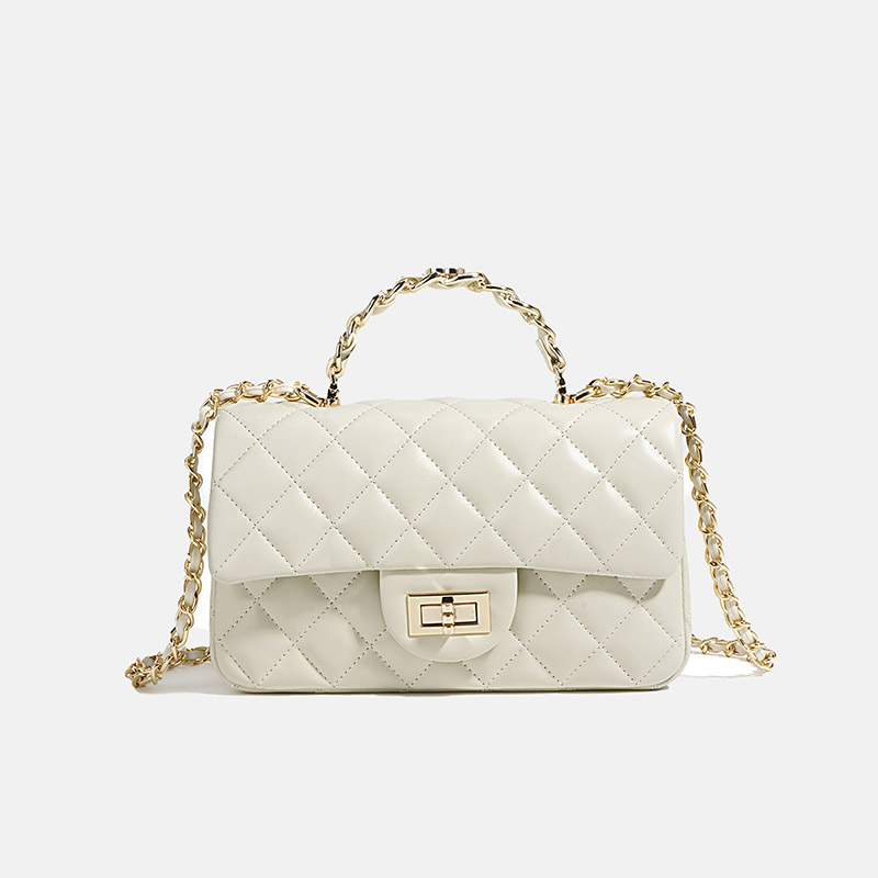 Women's Genuine Leather Lock Closure Quilted Chain Handle Shoulder Bag