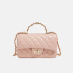 Women's Genuine Leather Lock Closure Quilted Chain Handle Shoulder Bag