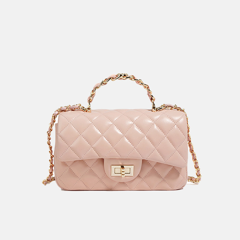 Women's Genuine Leather Lock Closure Quilted Chain Handle Shoulder Bag