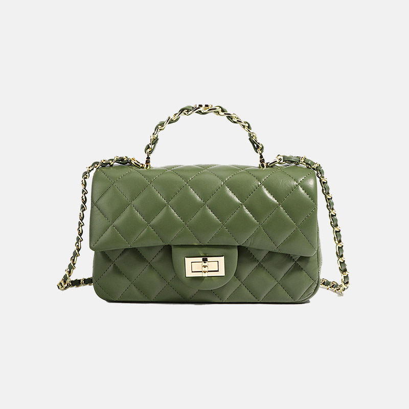 Women's Genuine Leather Lock Closure Quilted Chain Handle Shoulder Bag