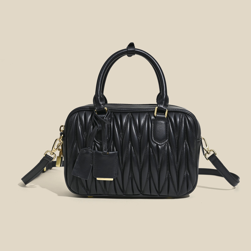 Women's Minimalist Pleated Genuine Leather Boston Handbag