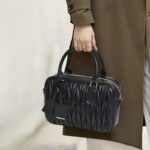 Women's Minimalist Pleated Genuine Leather Boston Handbag