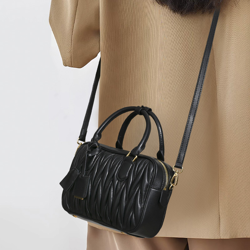 Women's Minimalist Pleated Genuine Leather Boston Handbag