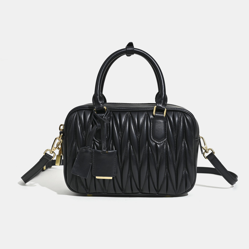 Women's Minimalist Pleated Genuine Leather Boston Handbag
