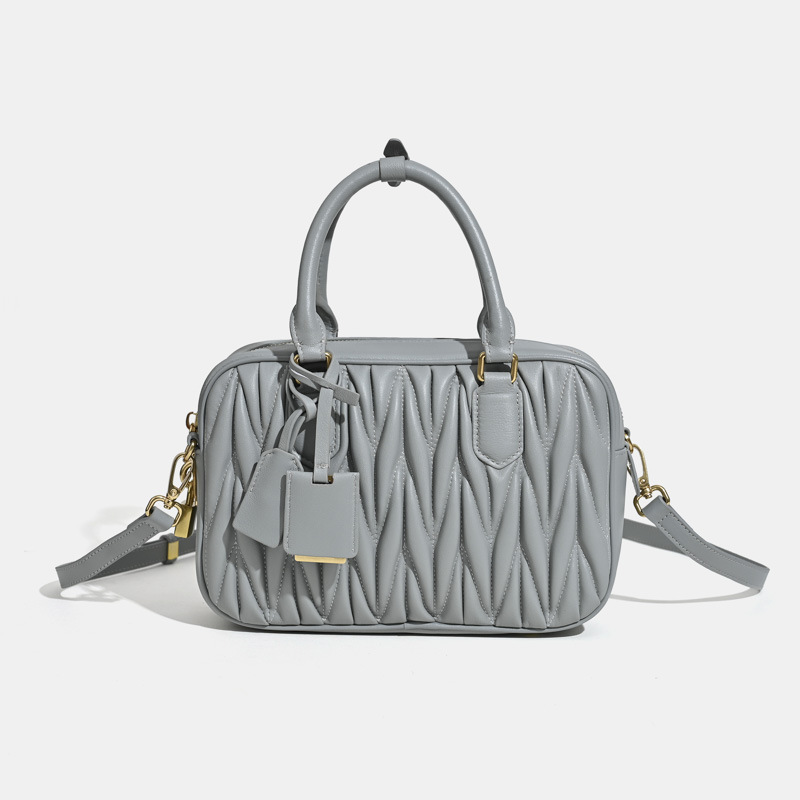 Women's Minimalist Pleated Genuine Leather Boston Handbag