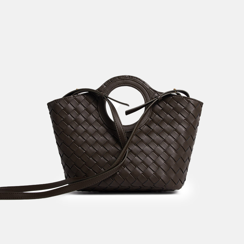 Minimalistische geflochtene Leder Umhängetasche mit rundem Griff für Frauen