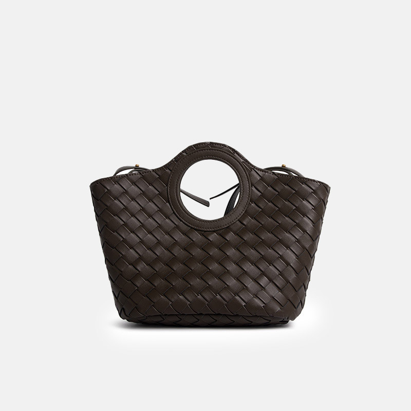 Women's Minimalist Woven Leather Circular Handle Shoulder Tote Bag