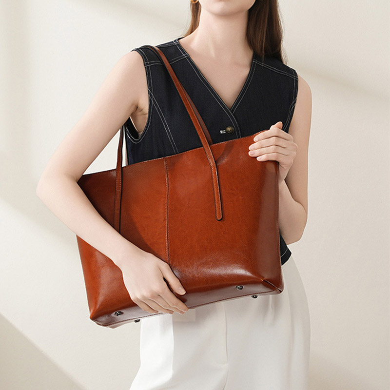 Women's Oily Crackle Genuine Leather Large Shoulder Tote Bags