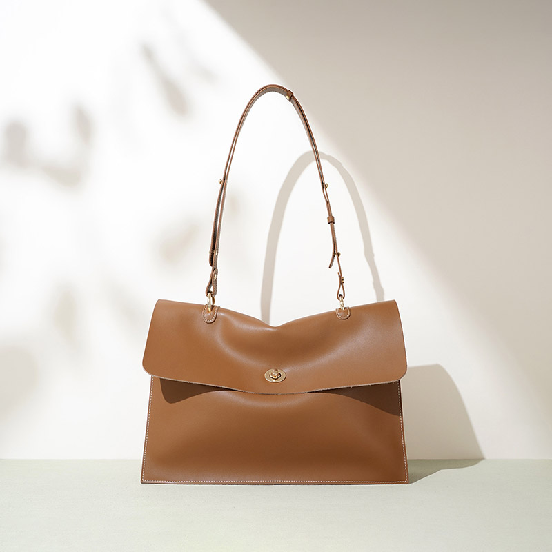 Women's Caramel Minimalist Genuine Leather Lock-Clasp Crossbody Shoulder Bag