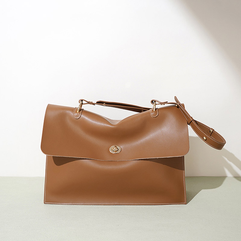 Women's Caramel Minimalist Genuine Leather Lock-Clasp Crossbody Shoulder Bag