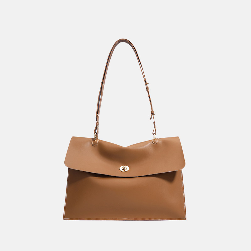 Women's Caramel Minimalist Genuine Leather Lock-Clasp Crossbody Shoulder Bag