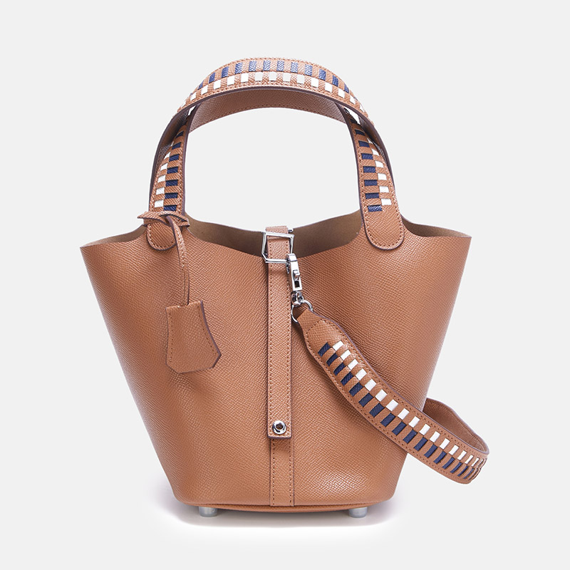 Women's Genuine Leather Palm-Textured Contrast Handle Bucket Bag