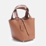 Women's Genuine Leather Palm-Textured Contrast Handle Bucket Bag