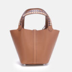Women's Genuine Leather Palm-Textured Contrast Handle Bucket Bag