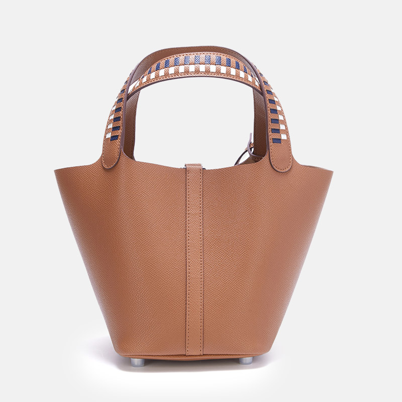 Women's Genuine Leather Palm-Textured Contrast Handle Bucket Bag