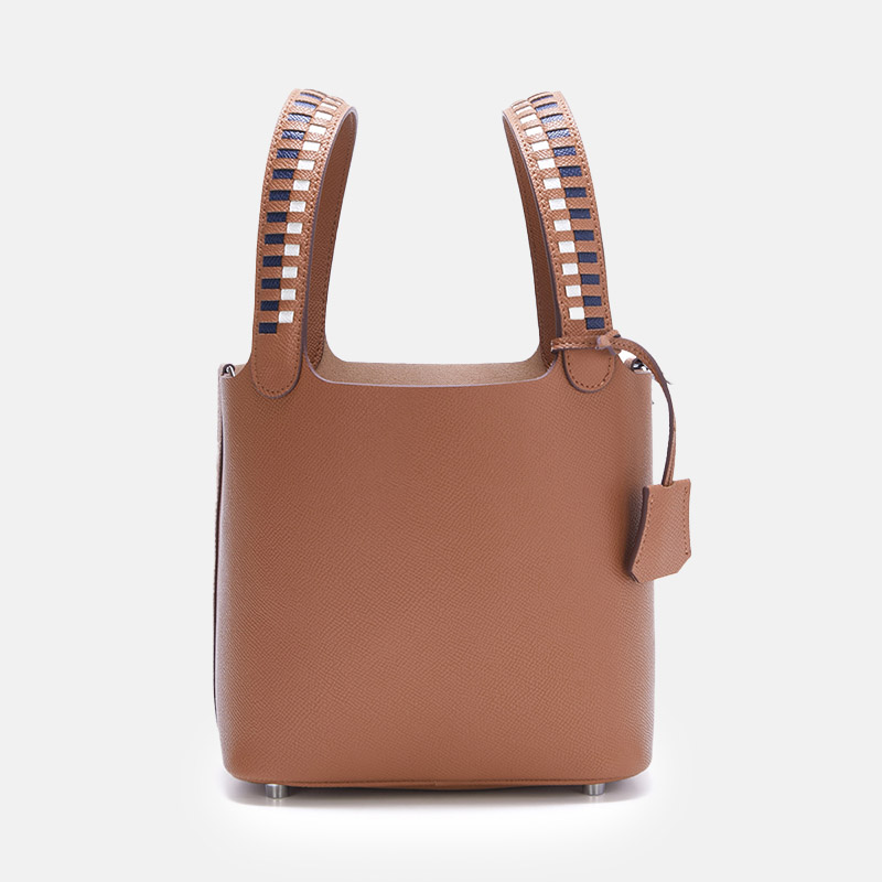 Women's Genuine Leather Palm-Textured Contrast Handle Bucket Bag