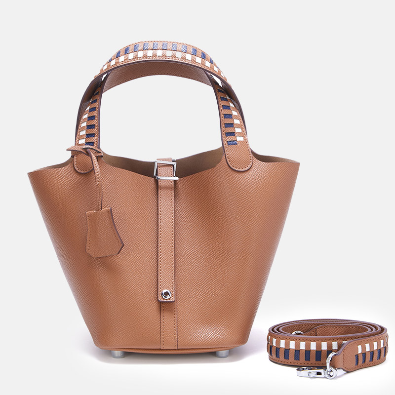 Women's Genuine Leather Palm-Textured Contrast Handle Bucket Bag